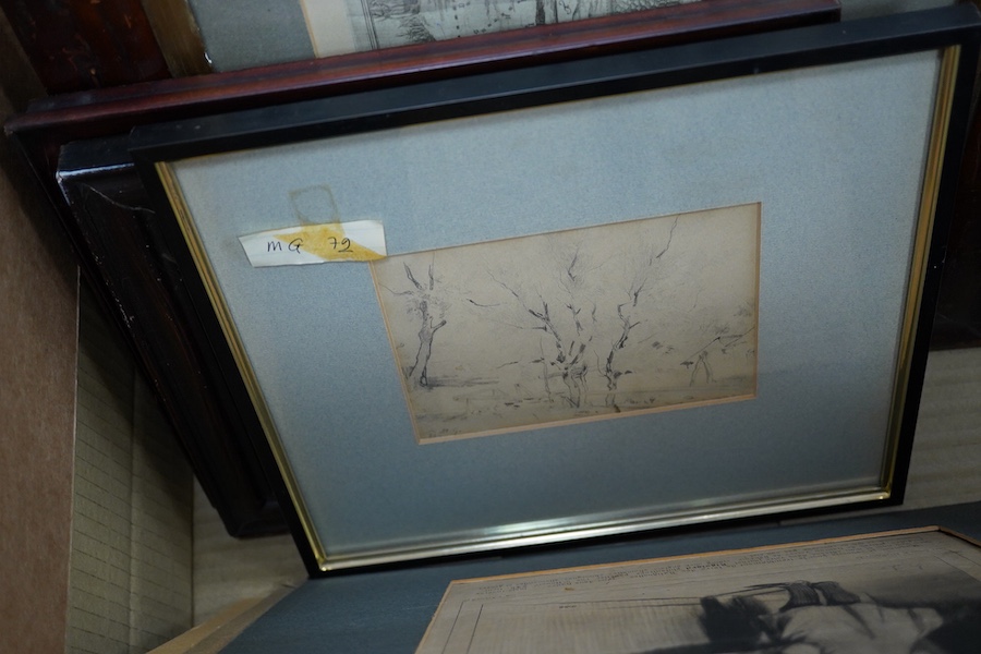 A collection of prints and watercolours to include after John Macwhirter, ‘The incessant roar of headlong tumbling floods’, and After Cruikshank, ‘A Dandy fainting or an exquisite in fits’ and a watercolour inscribed Joh